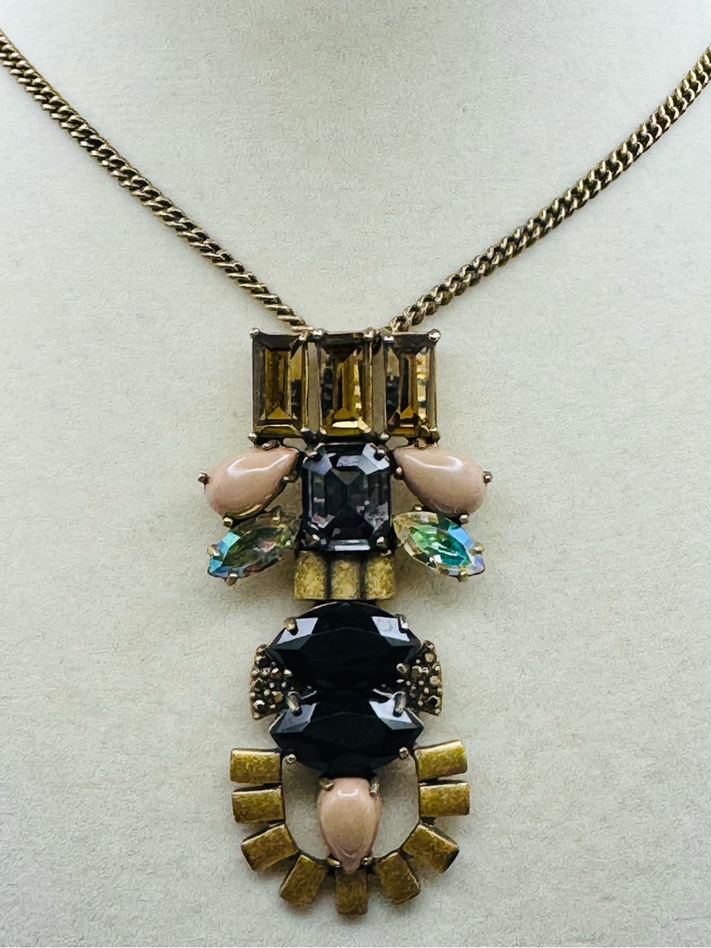 J. Crew Gold Tone Tiered Pendant Necklace With Black and Beige Stones